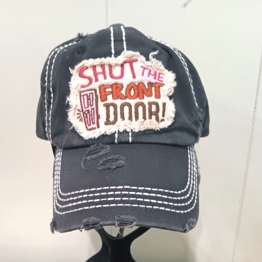 Strapback Trucker Hat "Shut The Front Door" Kbethos Baseball Cap Distressed Grey